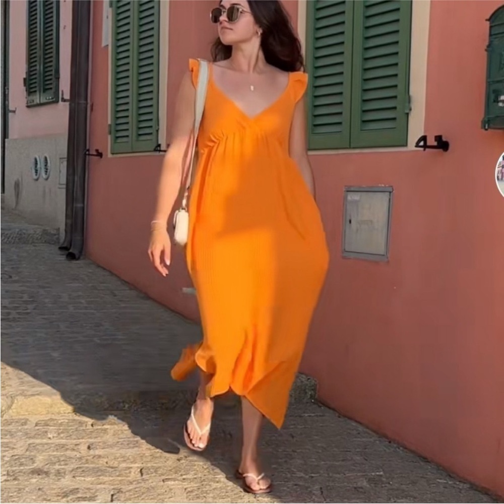 Magaschoni Orange Flutter Sleeve Maxi Dress 100% Organic Cotton Size S